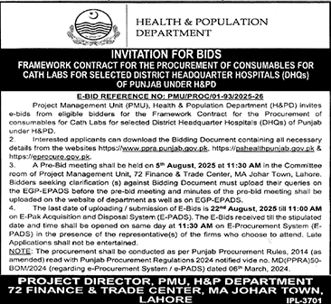 Health & Population Department Lahore Tender Notice